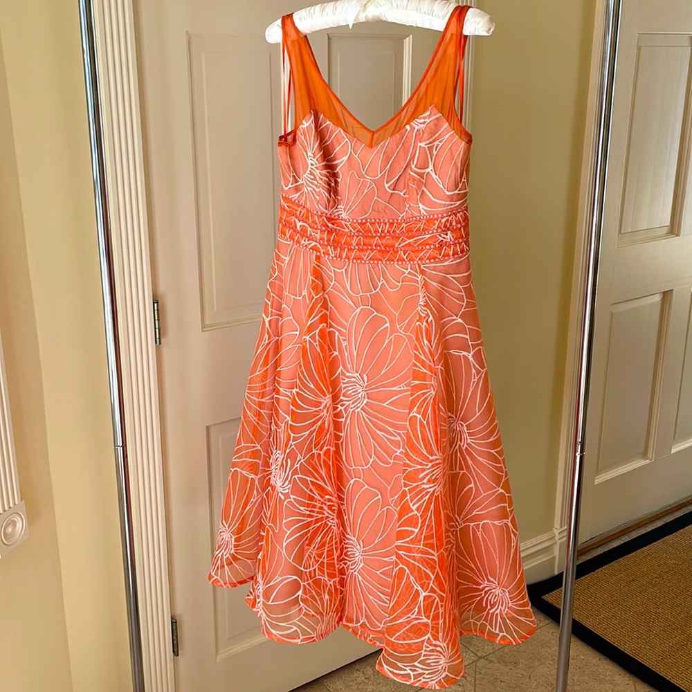 Embroidered Tangerine Tulle. Perfect for a Spring wedding or garden party.